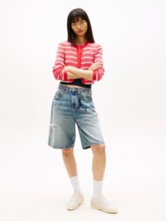 Stripe Slim Crew Neck Cardigan — Red 3