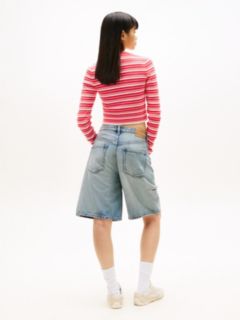 Stripe Slim Crew Neck Cardigan — Red 4