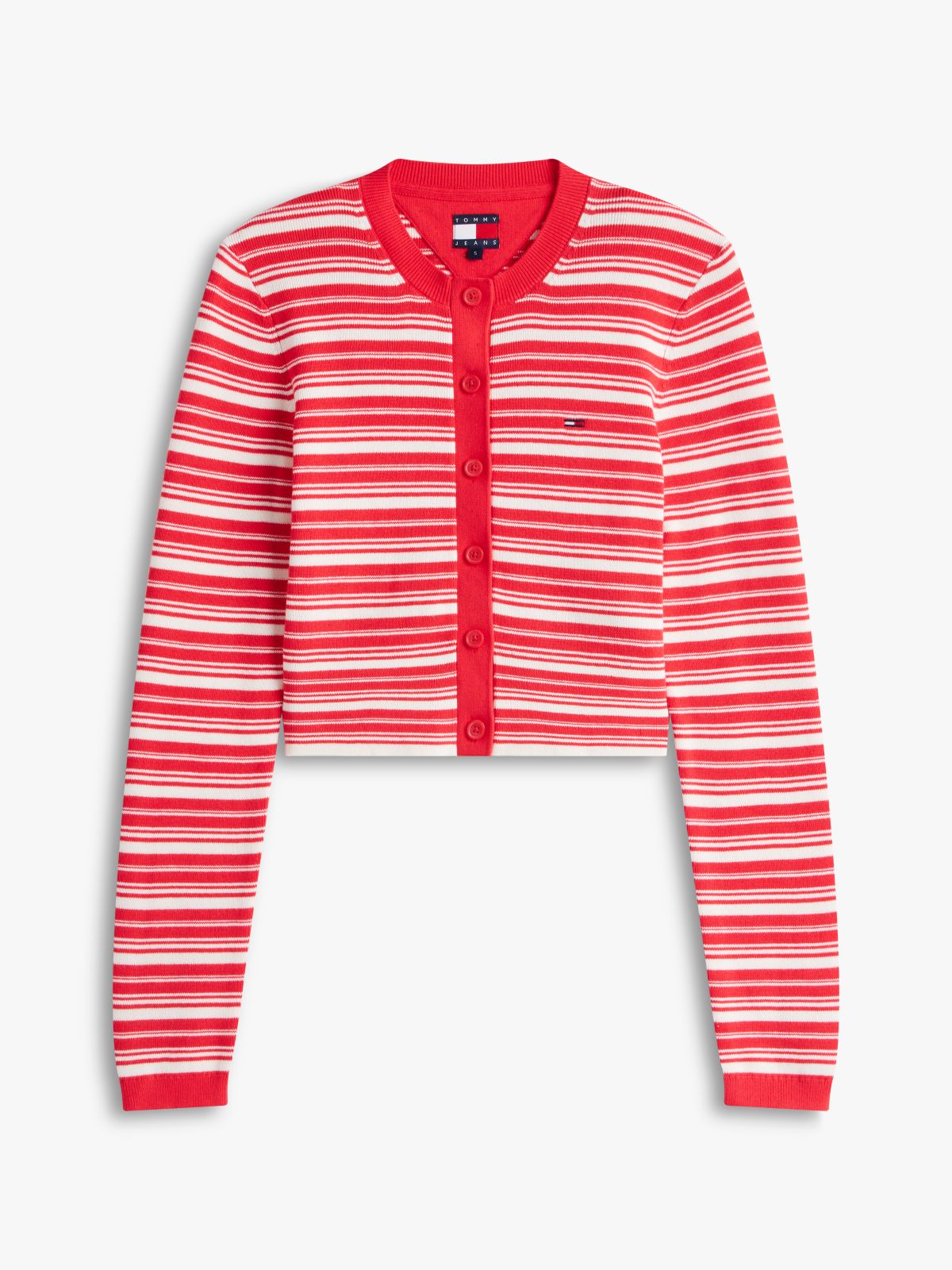 Stripe Slim Crew Neck Cardigan — Red