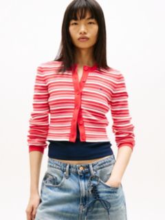 Stripe Slim Crew Neck Cardigan — Red 1