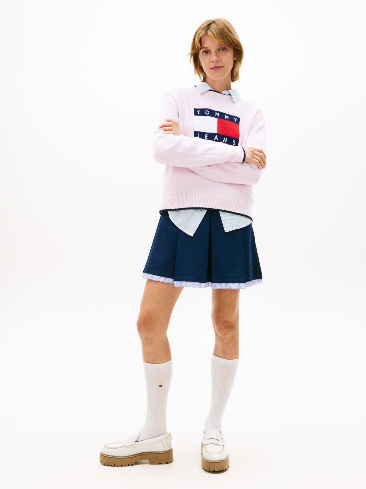 Intarsia Flag Badge Tipped Relaxed Jumper — Pink