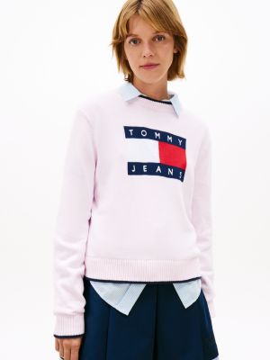 pull décontracté à badge drapeau en intarsia pink pour femmes tommy jeans