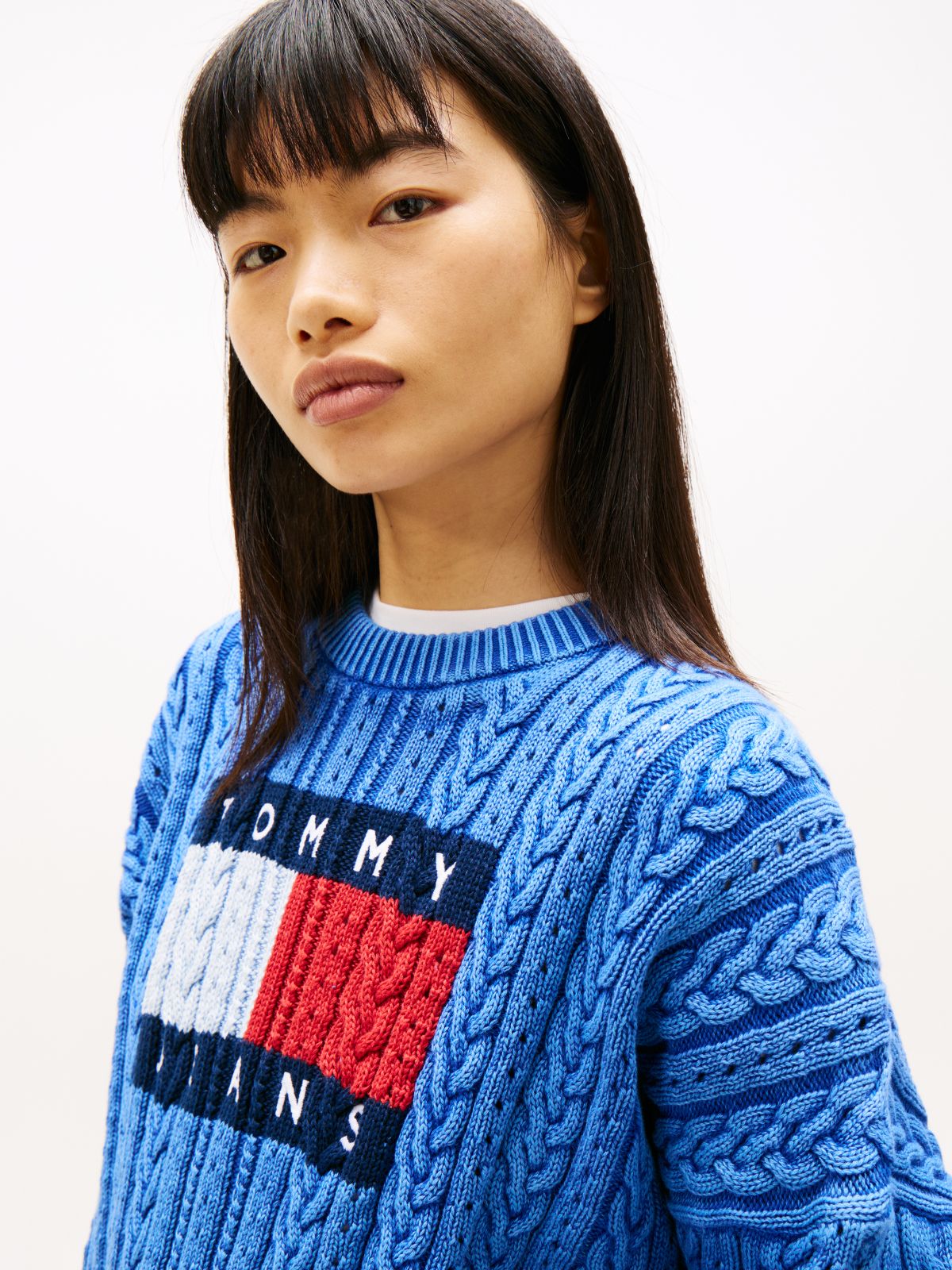 Intarsia Flag Badge Cable Knit Jumper — Blue