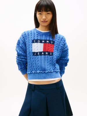 blue intarsia flag badge cable knit jumper for women tommy jeans