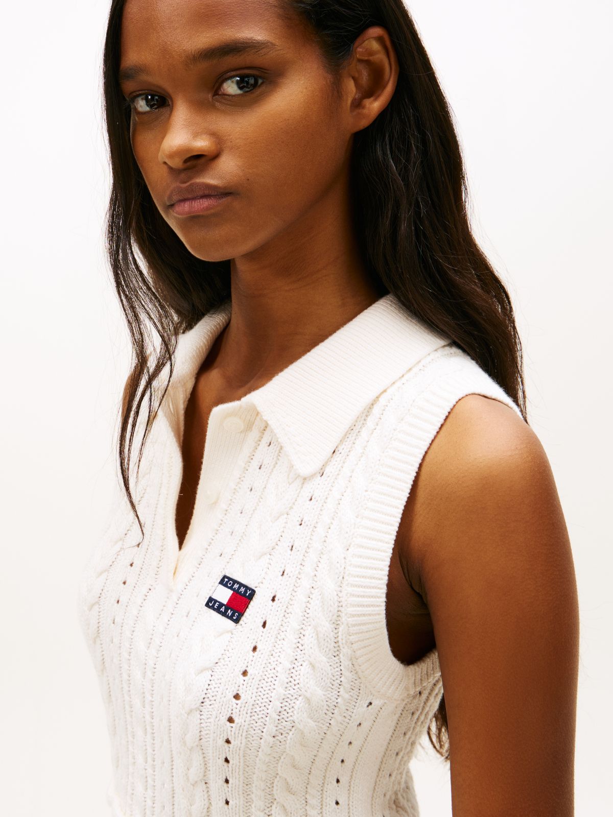 Tommy Badge Washed Cable Knit Polo Jumper — White