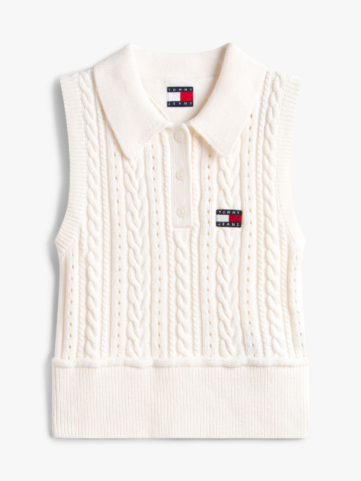 Tommy Badge Washed Cable Knit Polo Jumper — White