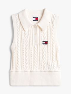 Tommy Badge Washed Cable Knit Polo Jumper — White 5
