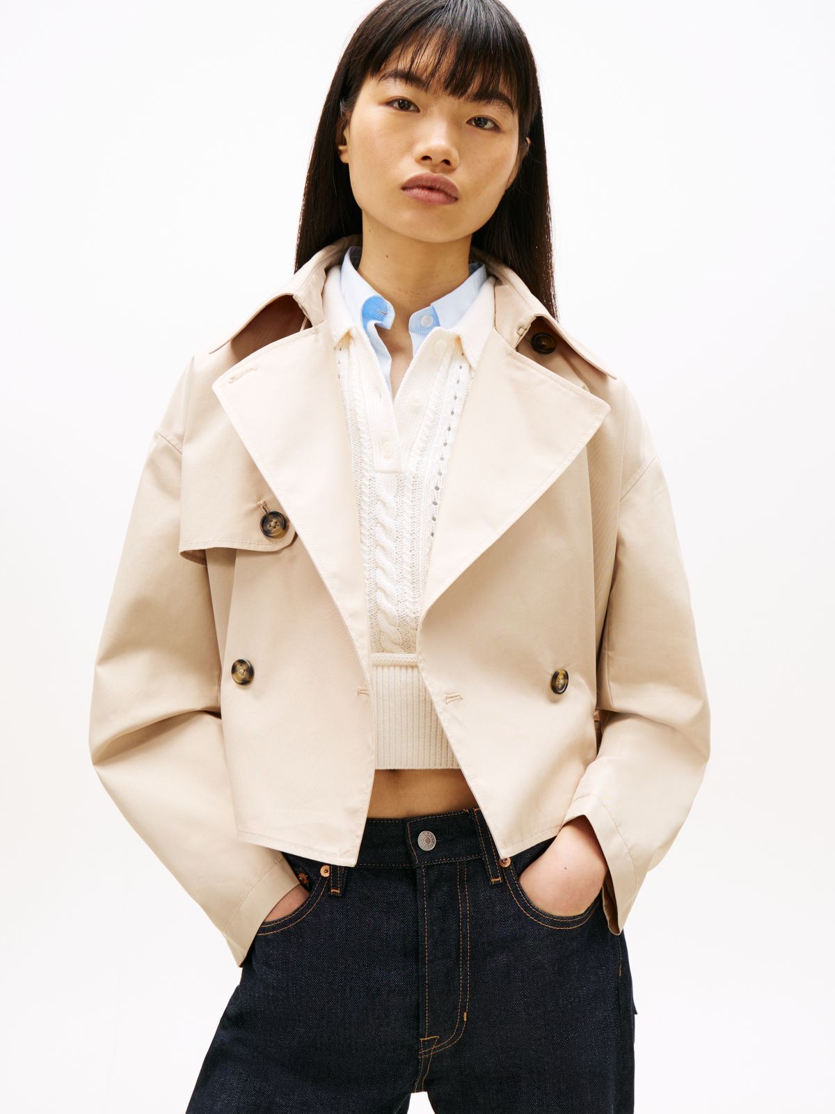 Water Repellent Relaxed Short Trench Coat — Beige