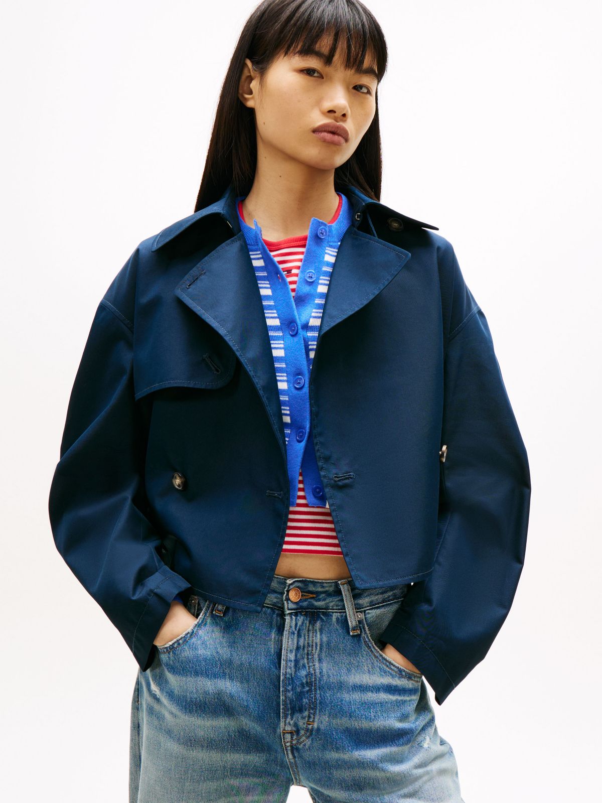 Water Repellent Relaxed Short Trench Coat — Blue