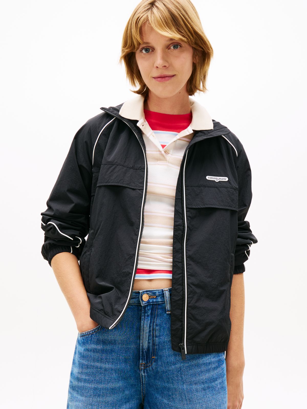 Water Repellent Piping Track Jacket — Black