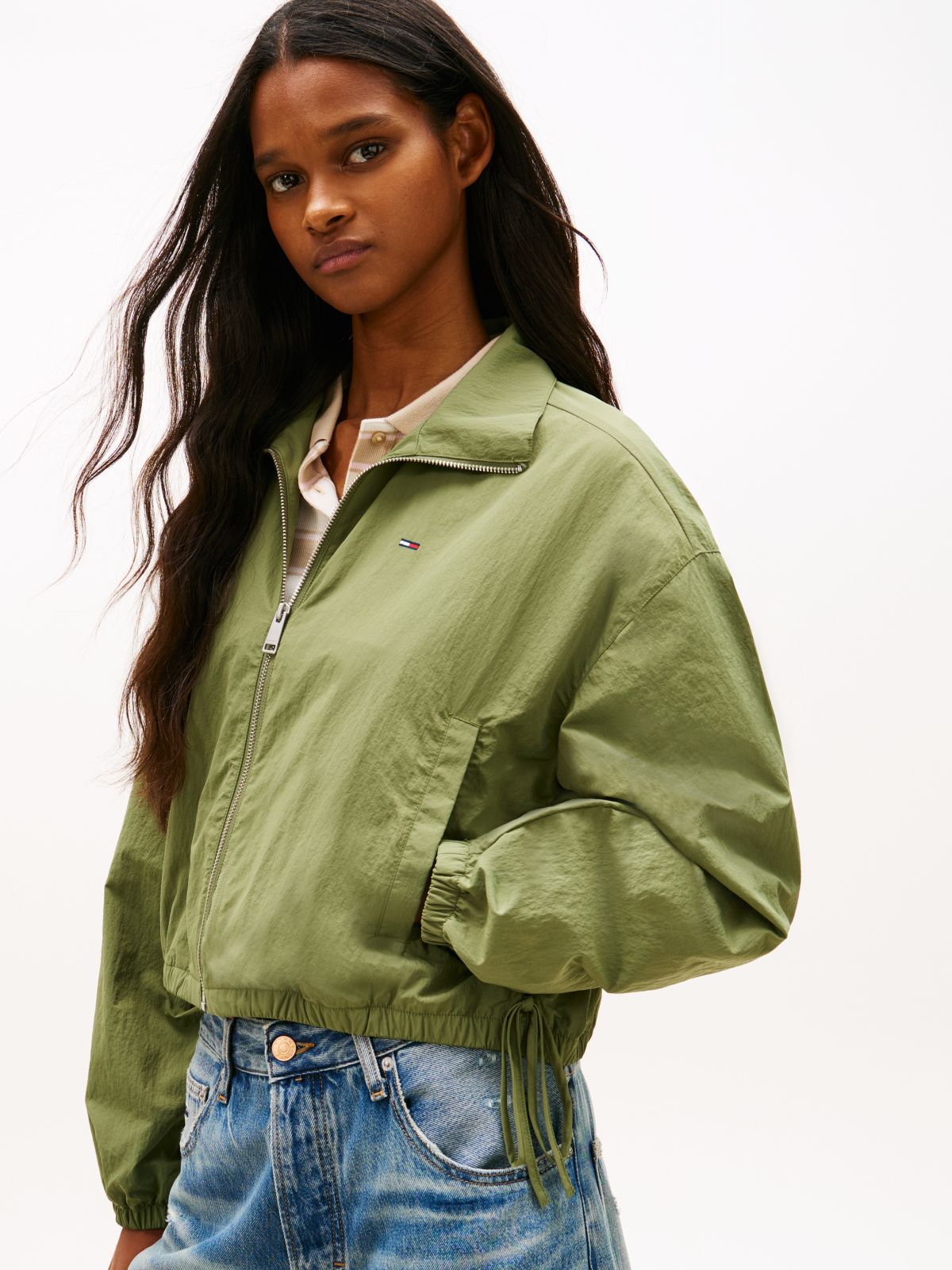 Water Repellent Tie Side Zip-Thru Jacket — Green