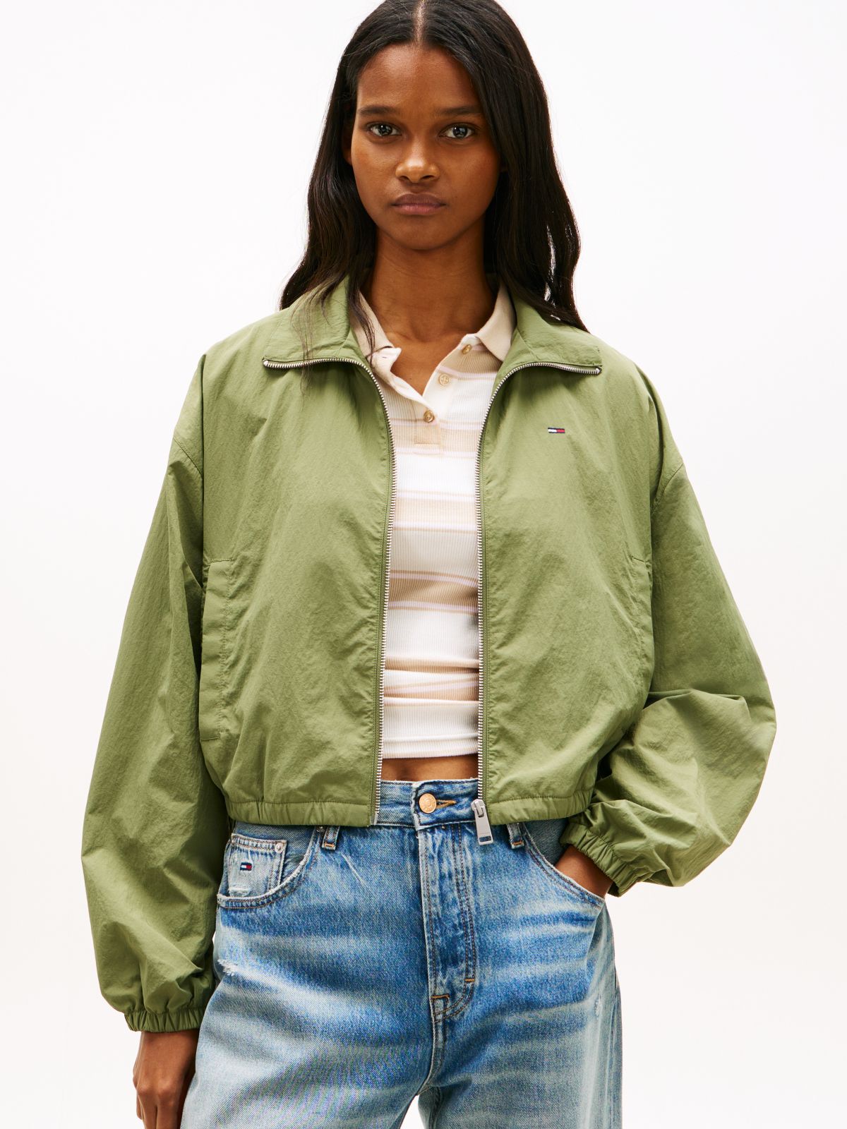 Water Repellent Tie Side Zip-Thru Jacket — Green