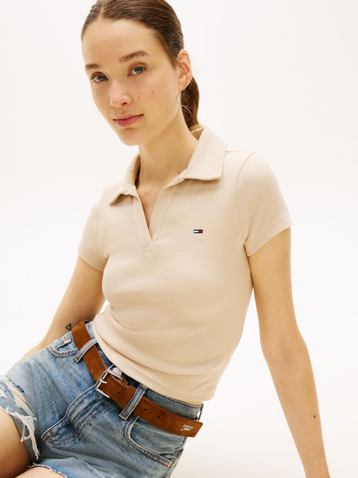 Slim Fit Ribbed Polo Shirt — Beige