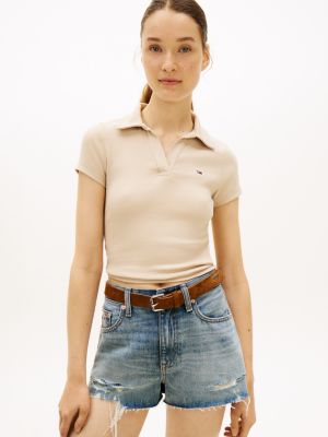 beige slim fit ribbed polo shirt for women tommy jeans