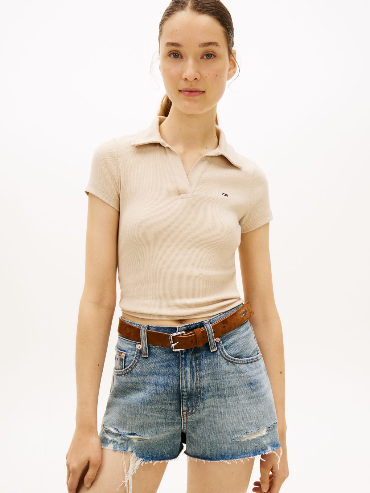 Slim Fit Ribbed Polo Shirt — Beige