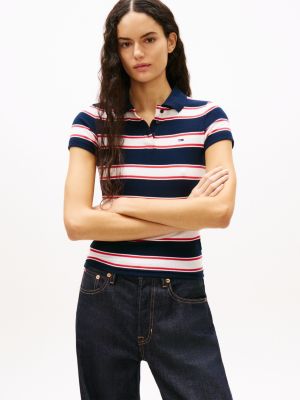 blue slim fit ribbed polo shirt for women tommy jeans