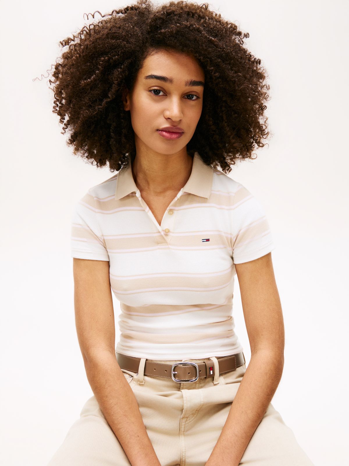 Slim Fit Ribbed Polo Shirt — Beige