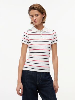 white prążkowana koszulka polo o wąskim kroju dla kobiety - tommy jeans