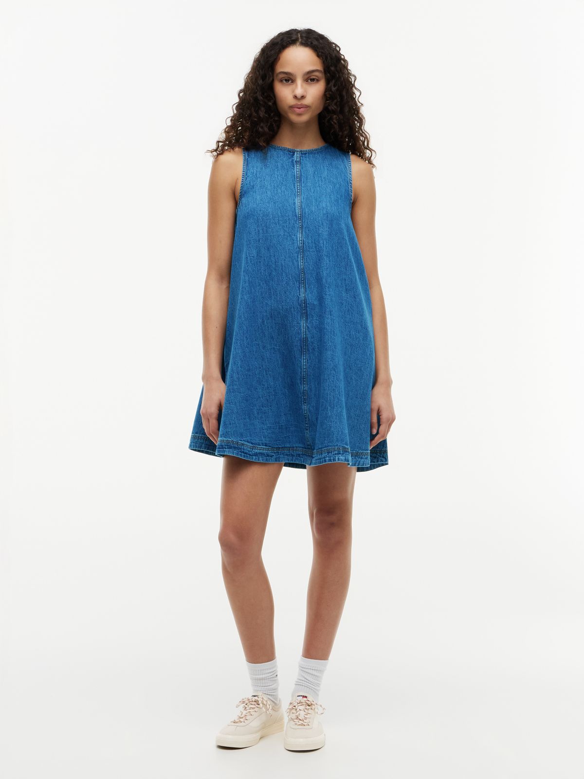 Chambray Sleeveless Mini A-Line Dress — Blue