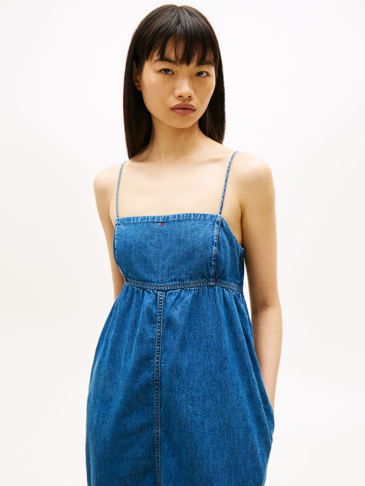 Chambray Spaghetti Strap Slim Maxi Dress — Blue