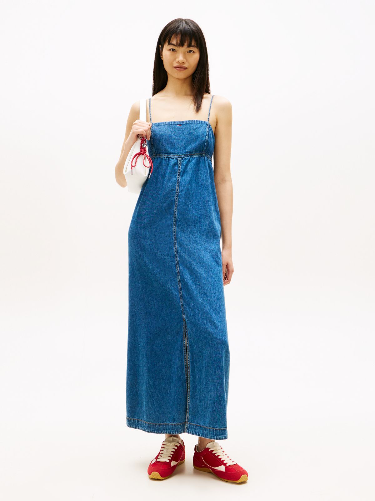 Chambray Spaghetti Strap Slim Maxi Dress — Blue