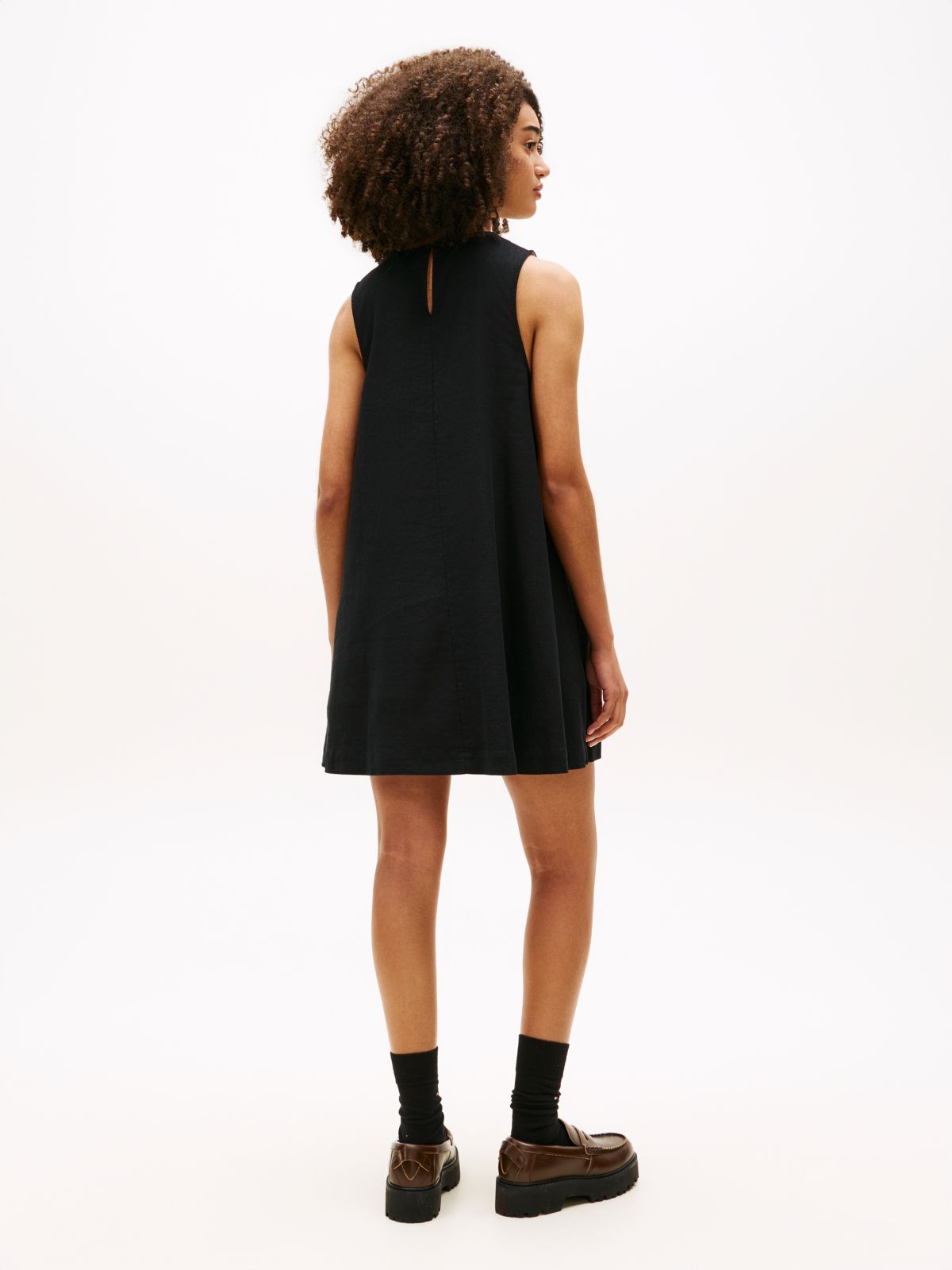 Slim Linen Blend Mini A-Line Dress — Black