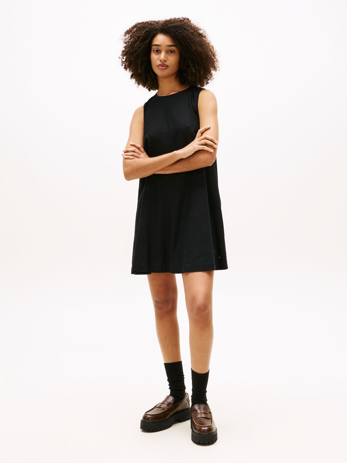 Slim Linen Blend Mini A-Line Dress — Black