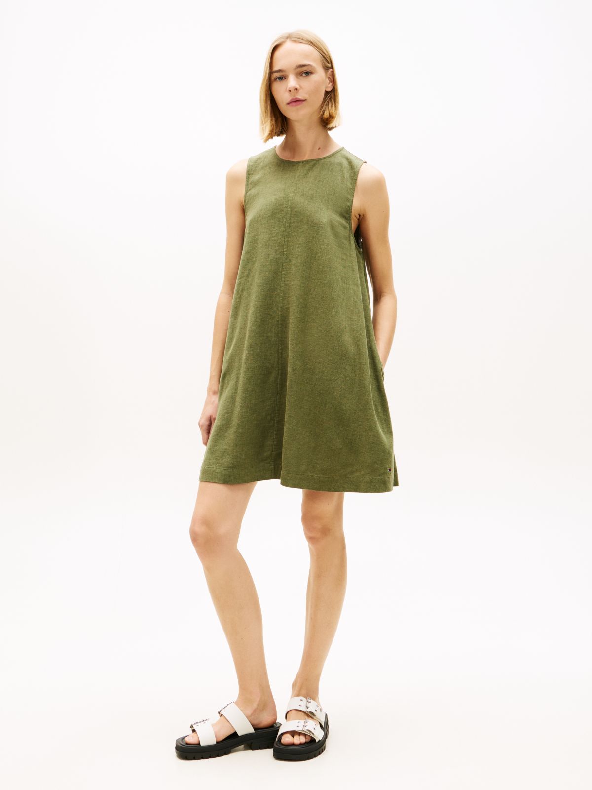Slim Linen Blend Mini A-Line Dress — Green