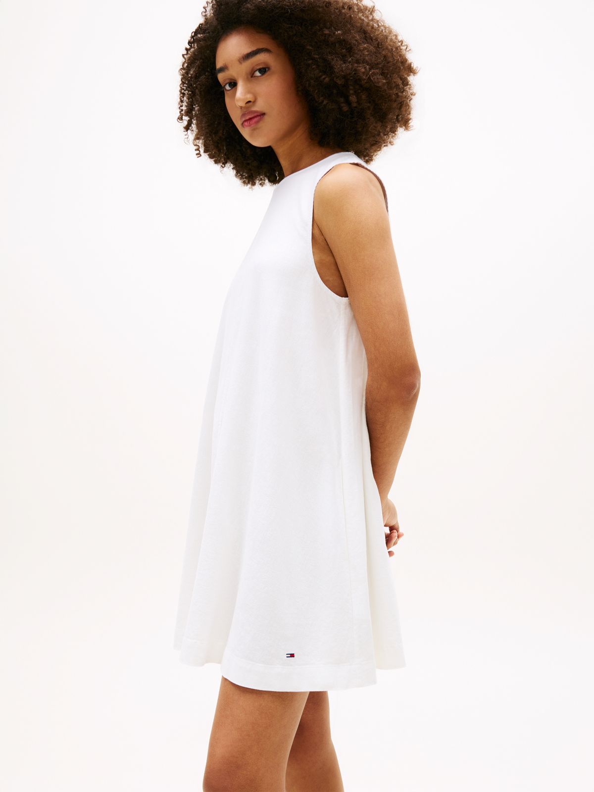 Slim Linen Blend Mini A-Line Dress — White