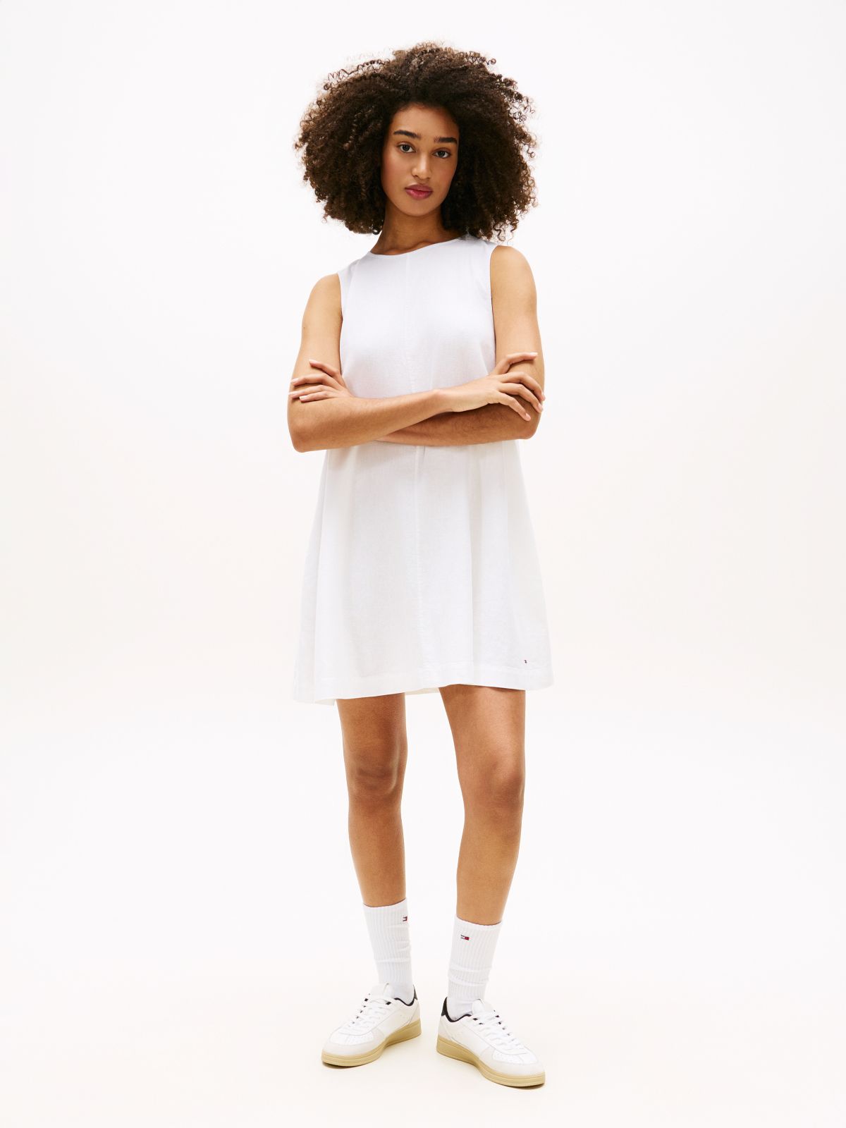 Slim Linen Blend Mini A-Line Dress — White