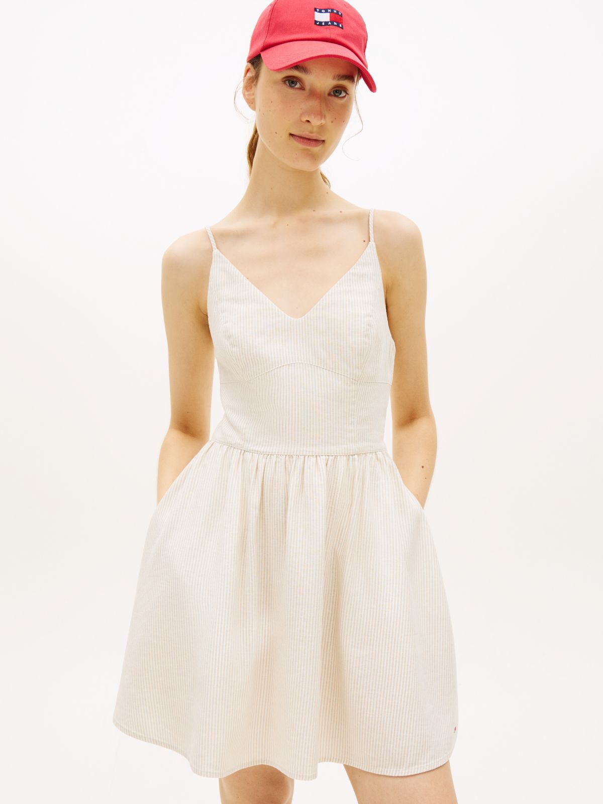 Extra Slim Linen Blend Mini Skater Dress — Beige