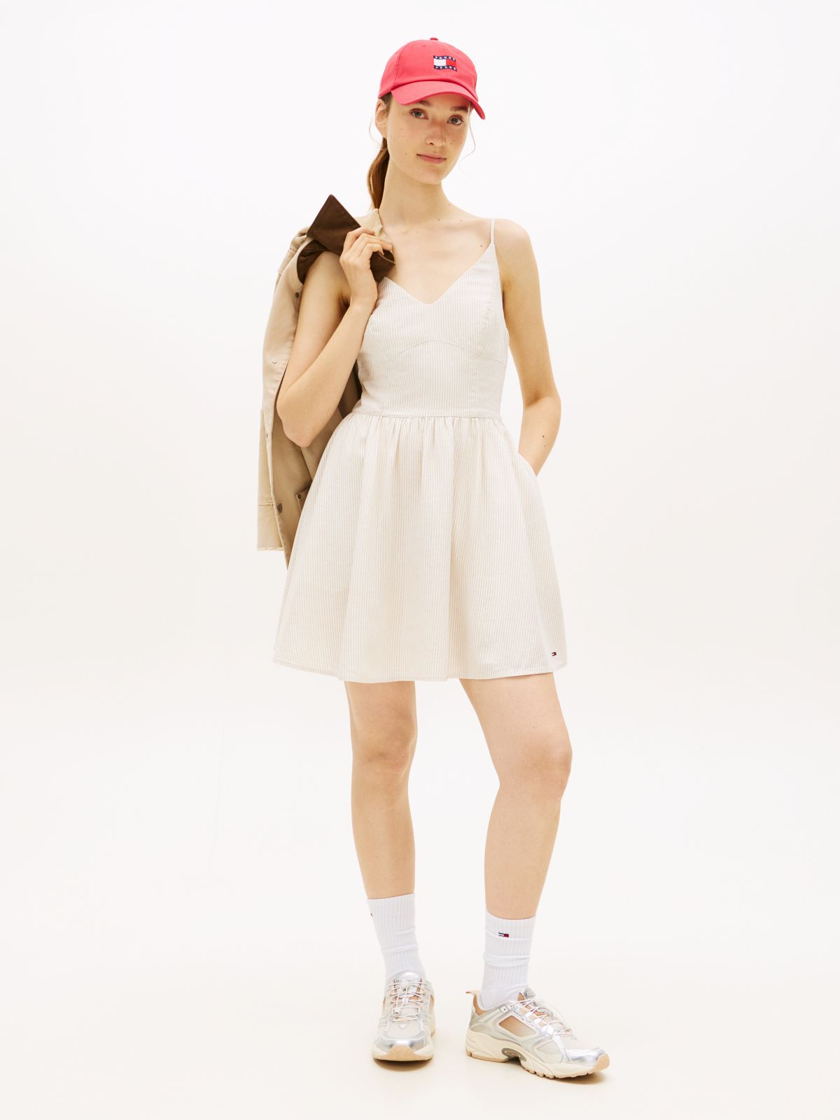 Extra Slim Linen Blend Mini Skater Dress — Beige