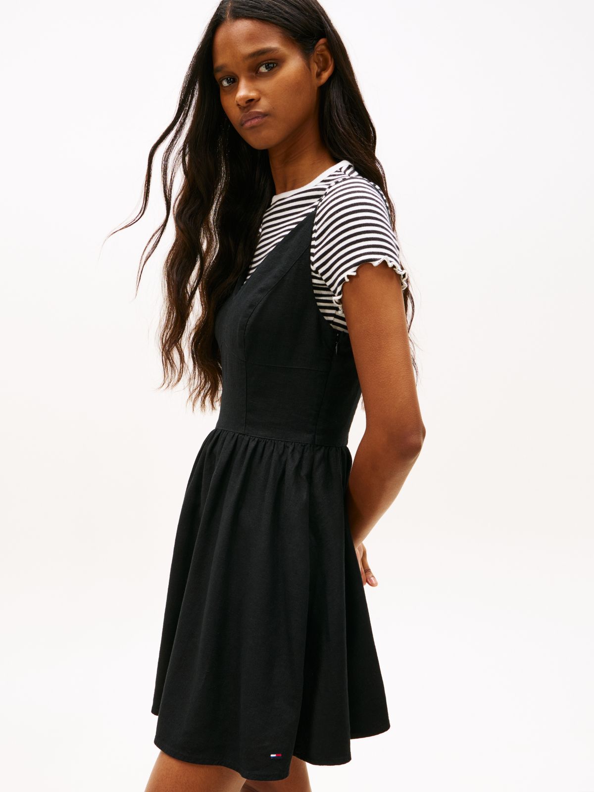 Extra Slim Linen Blend Mini Skater Dress — Black