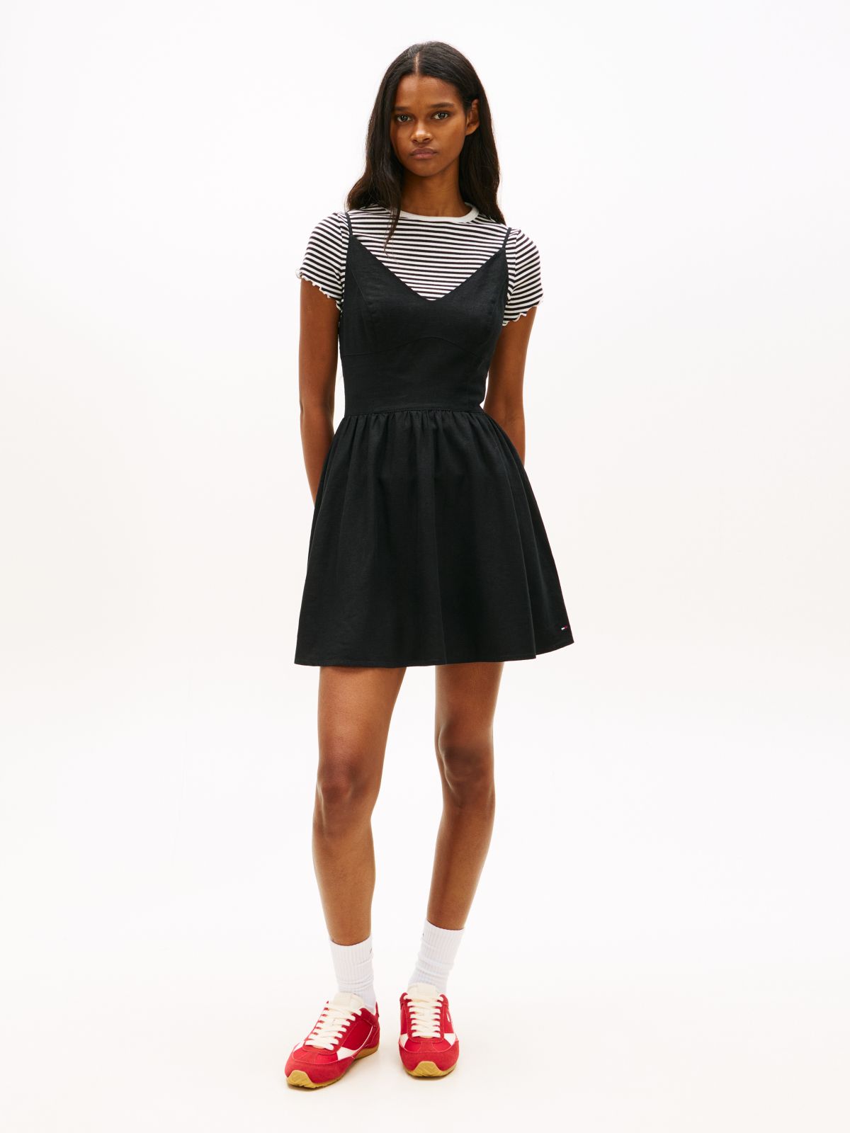 Extra Slim Linen Blend Mini Skater Dress — Black