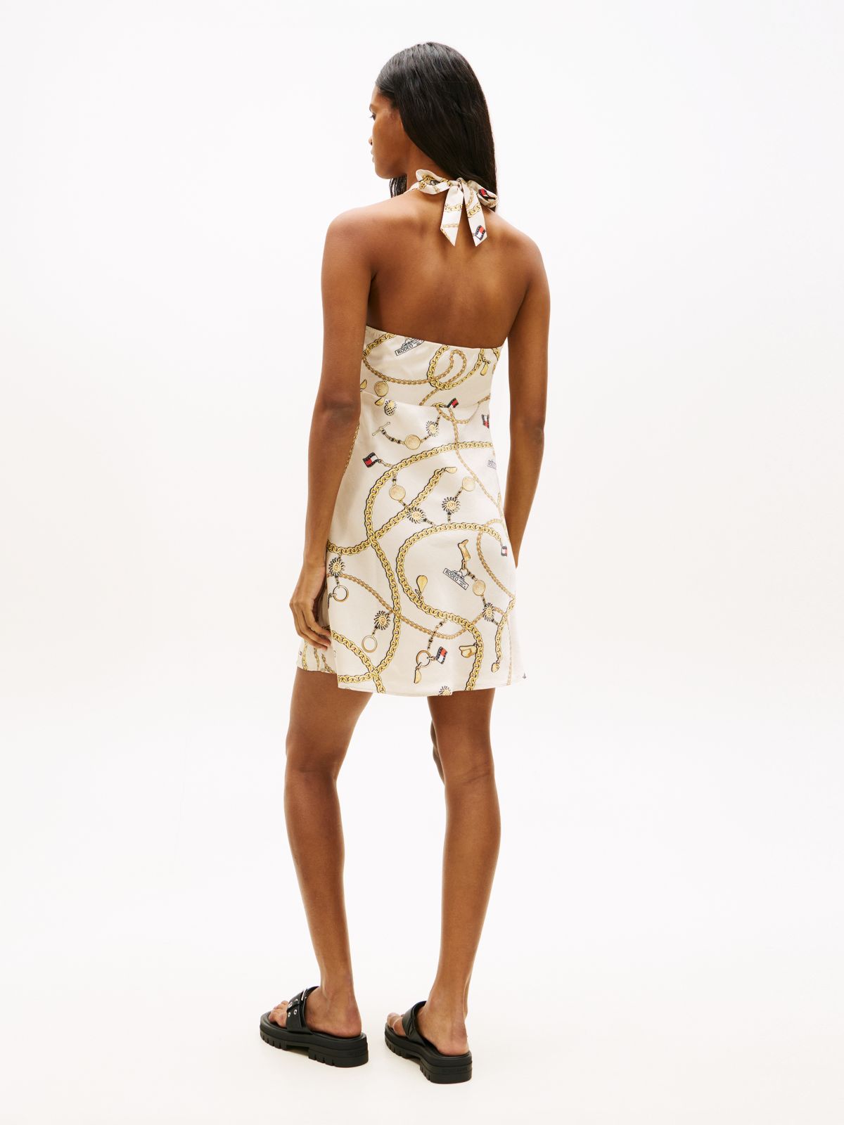 Chain Print Halterneck Slim Mini Dress — Beige