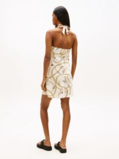 Chain Print Halterneck Slim Mini Dress — Beige 4