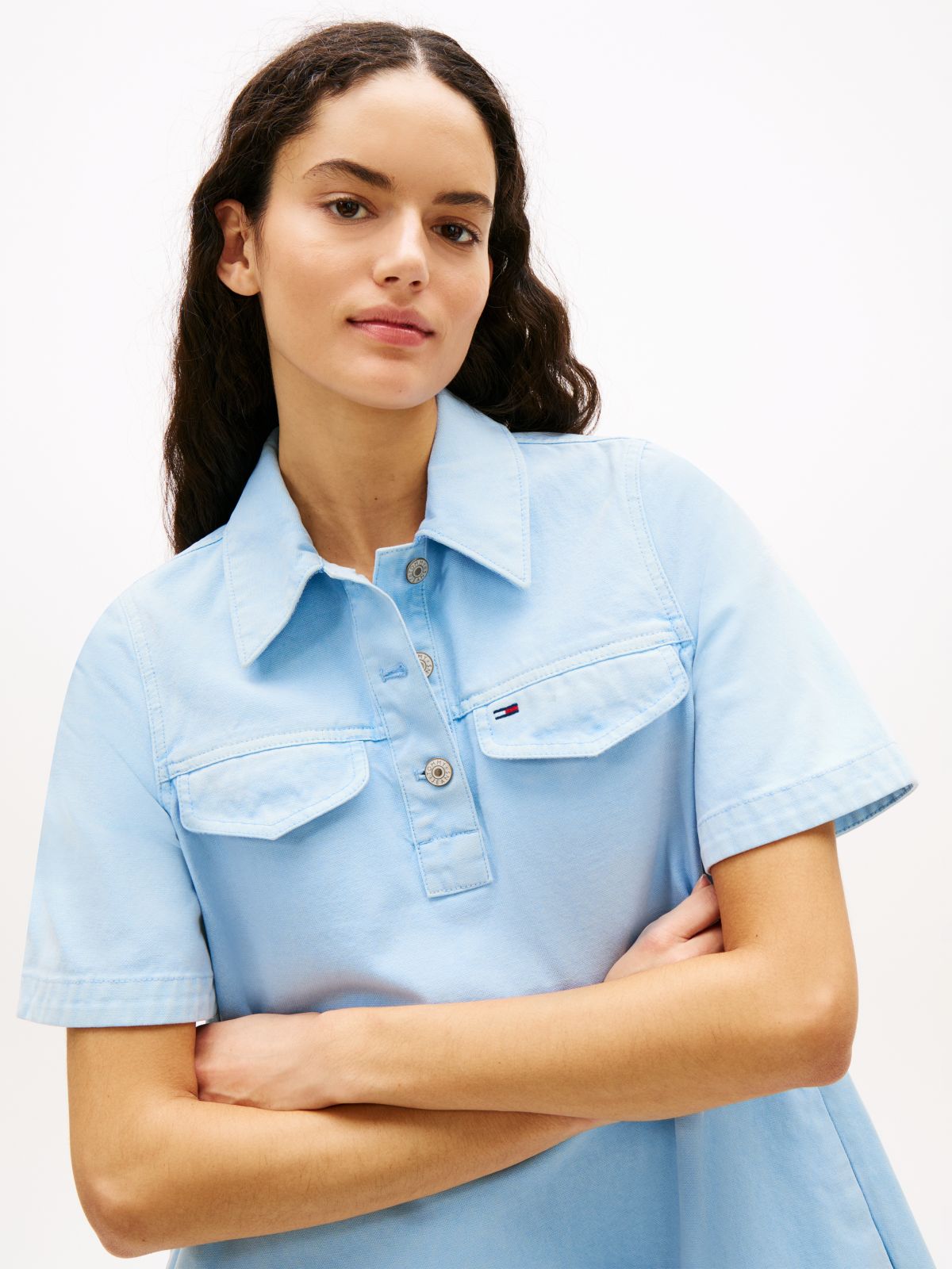 Washed Canvas Mini Short Sleeve Shirt Dress — Blue