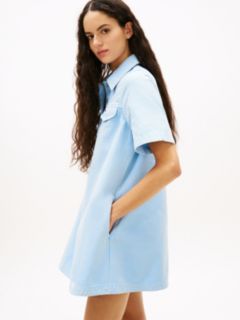 Washed Canvas Mini Short Sleeve Shirt Dress — Blue 3