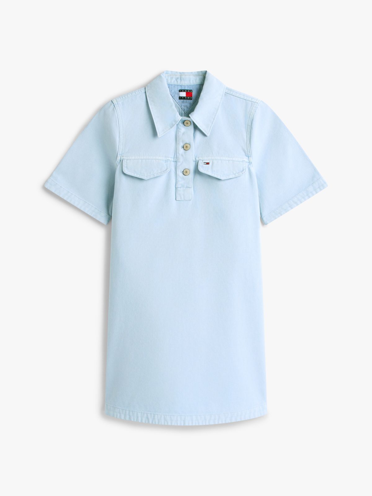 Washed Canvas Mini Short Sleeve Shirt Dress — Blue