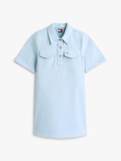 Washed Canvas Mini Short Sleeve Shirt Dress — Blue 5