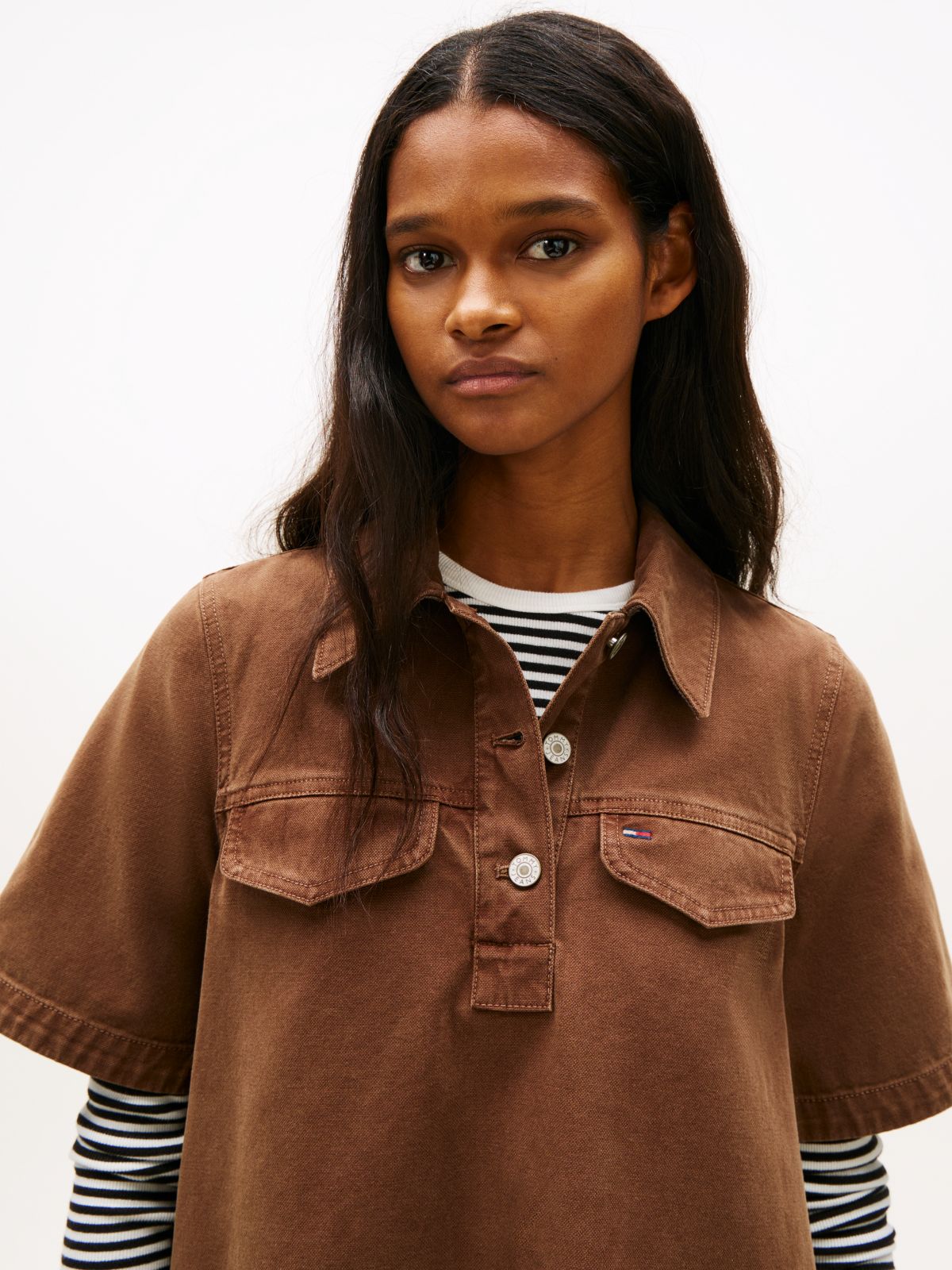 Washed Canvas Mini Short Sleeve Shirt Dress — Brown