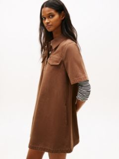Washed Canvas Mini Short Sleeve Shirt Dress — Brown 3