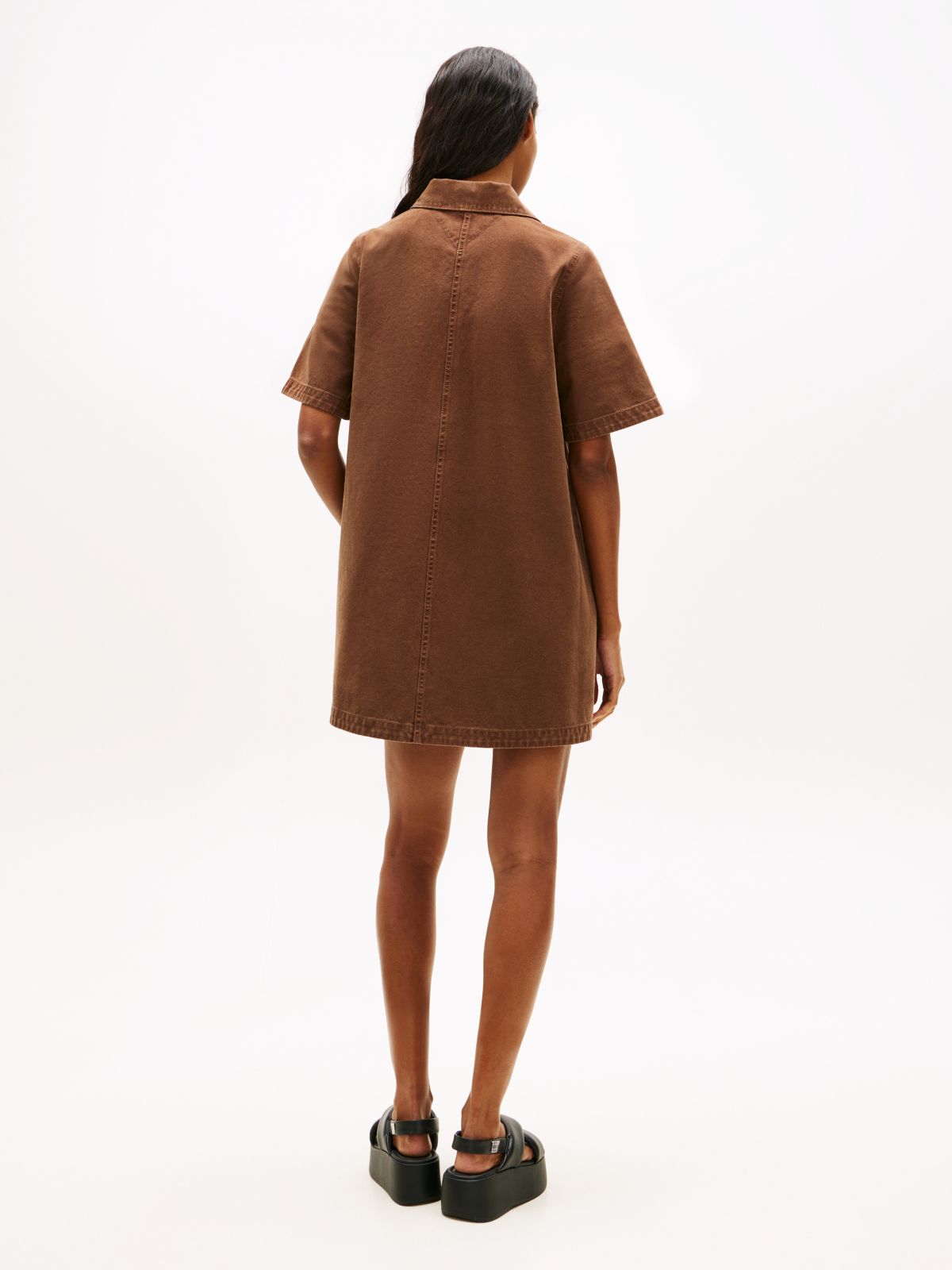 Washed Canvas Mini Short Sleeve Shirt Dress — Brown