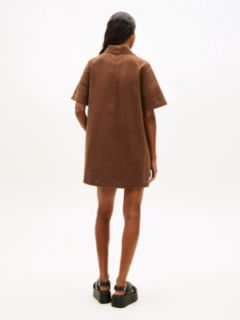 Washed Canvas Mini Short Sleeve Shirt Dress — Brown 4