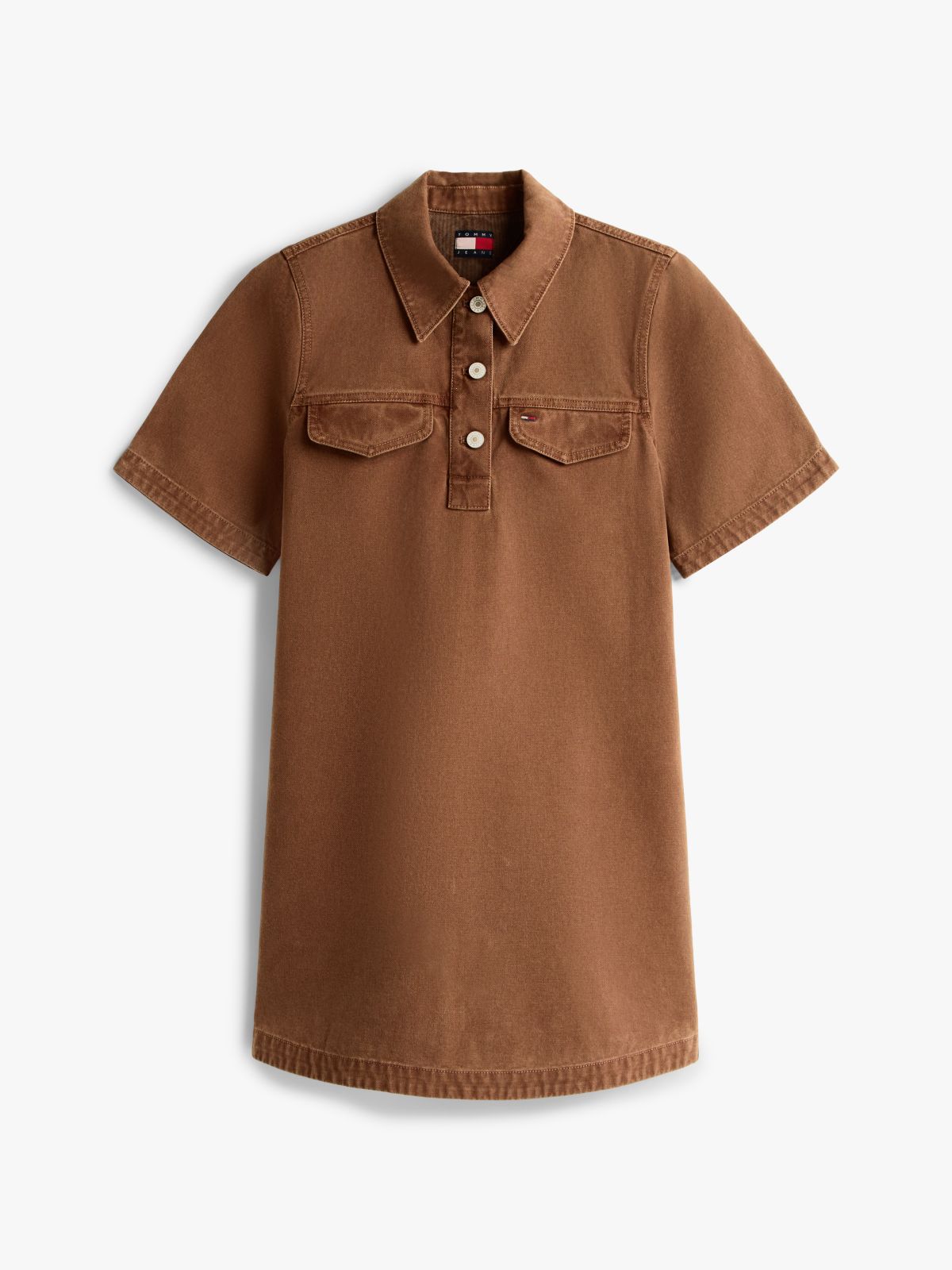 Washed Canvas Mini Short Sleeve Shirt Dress — Brown