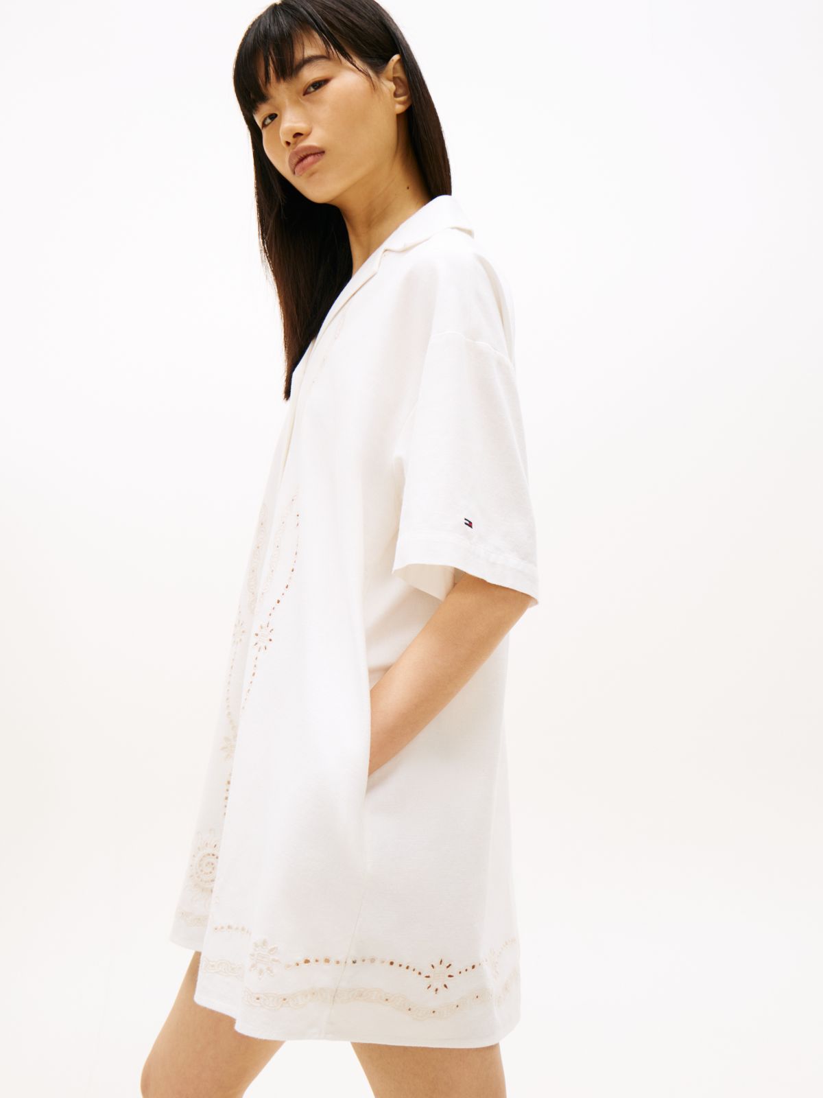 Broderie Anglaise Relaxed Mini Shirt Dress — White