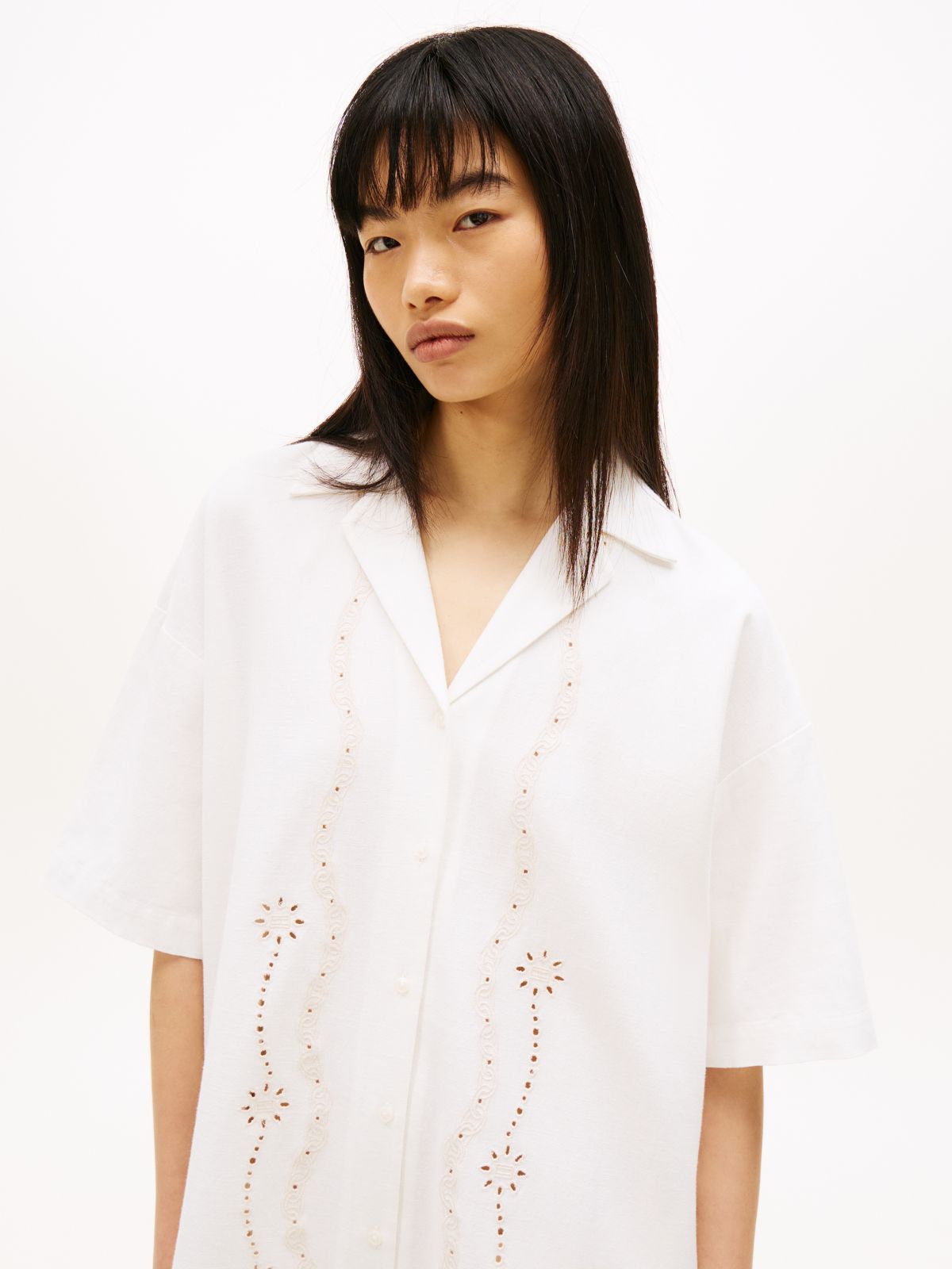 Broderie Anglaise Relaxed Mini Shirt Dress — White
