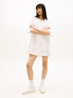 white broderie anglaise relaxed mini shirt dress for women tommy jeans