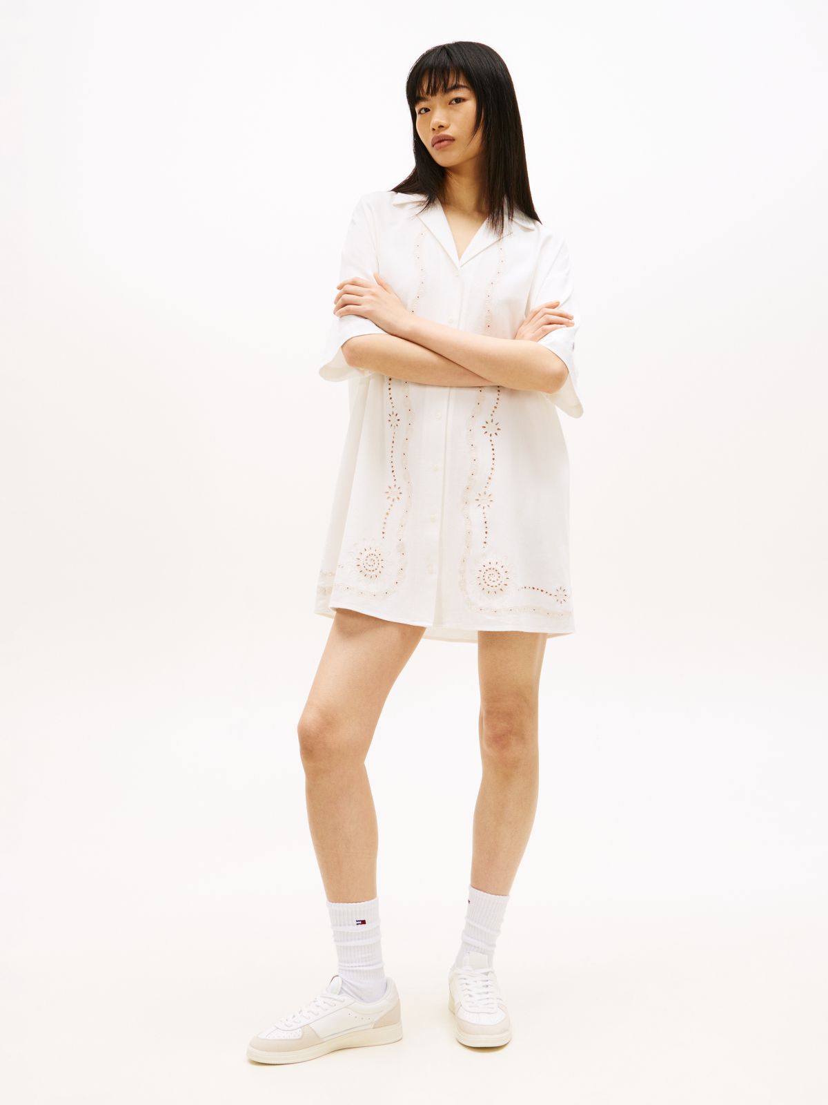 Broderie Anglaise Relaxed Mini Shirt Dress — White