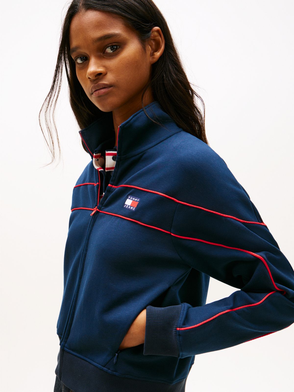 Tommy Badge Piping Zip-Thru Sweatshirt — Blue